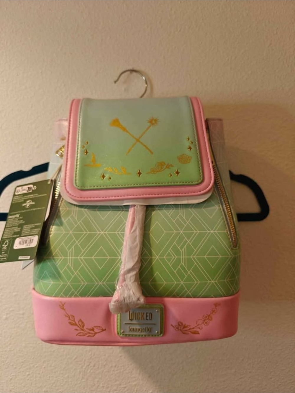 Loungefly Green & Pink Mini Backpack with Gold Accents